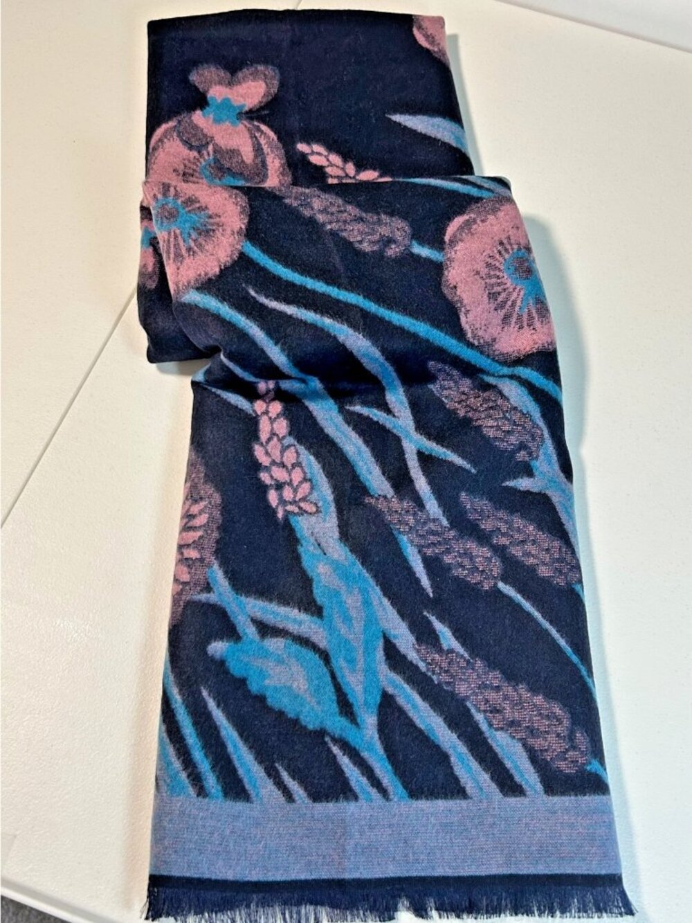 Pretty Persuasions Reversible Floral Scarf Wrap Navy Blue Pink Fringe 36 x 72